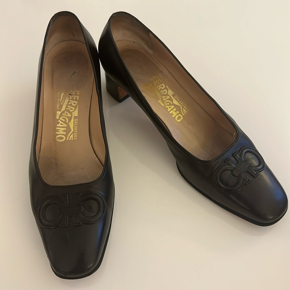 Salvatore Ferragamo Leather Black Women’s heel size 7.5 B two inch heel